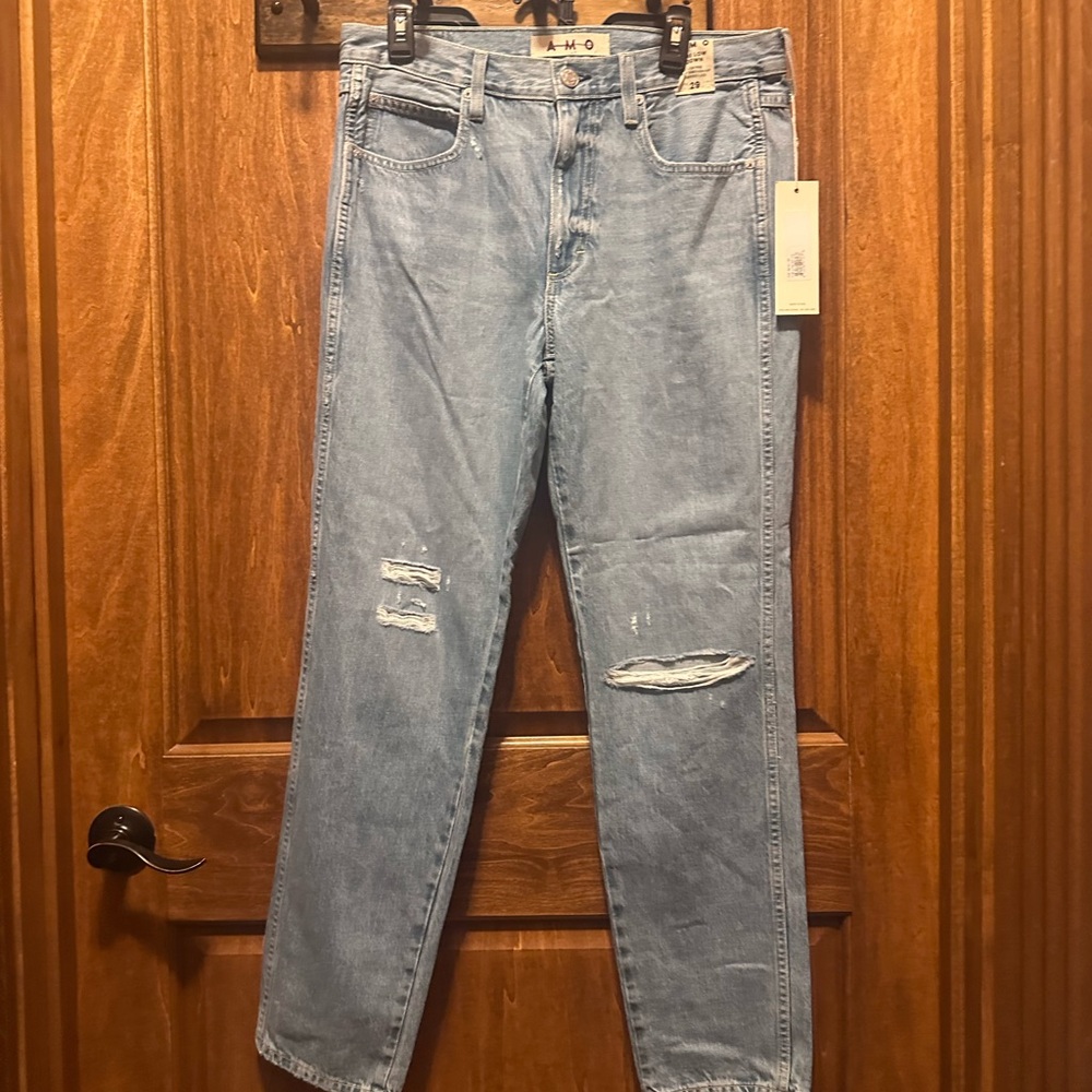 AMO Light Wash Straight Leg Jeans with Knee Rips